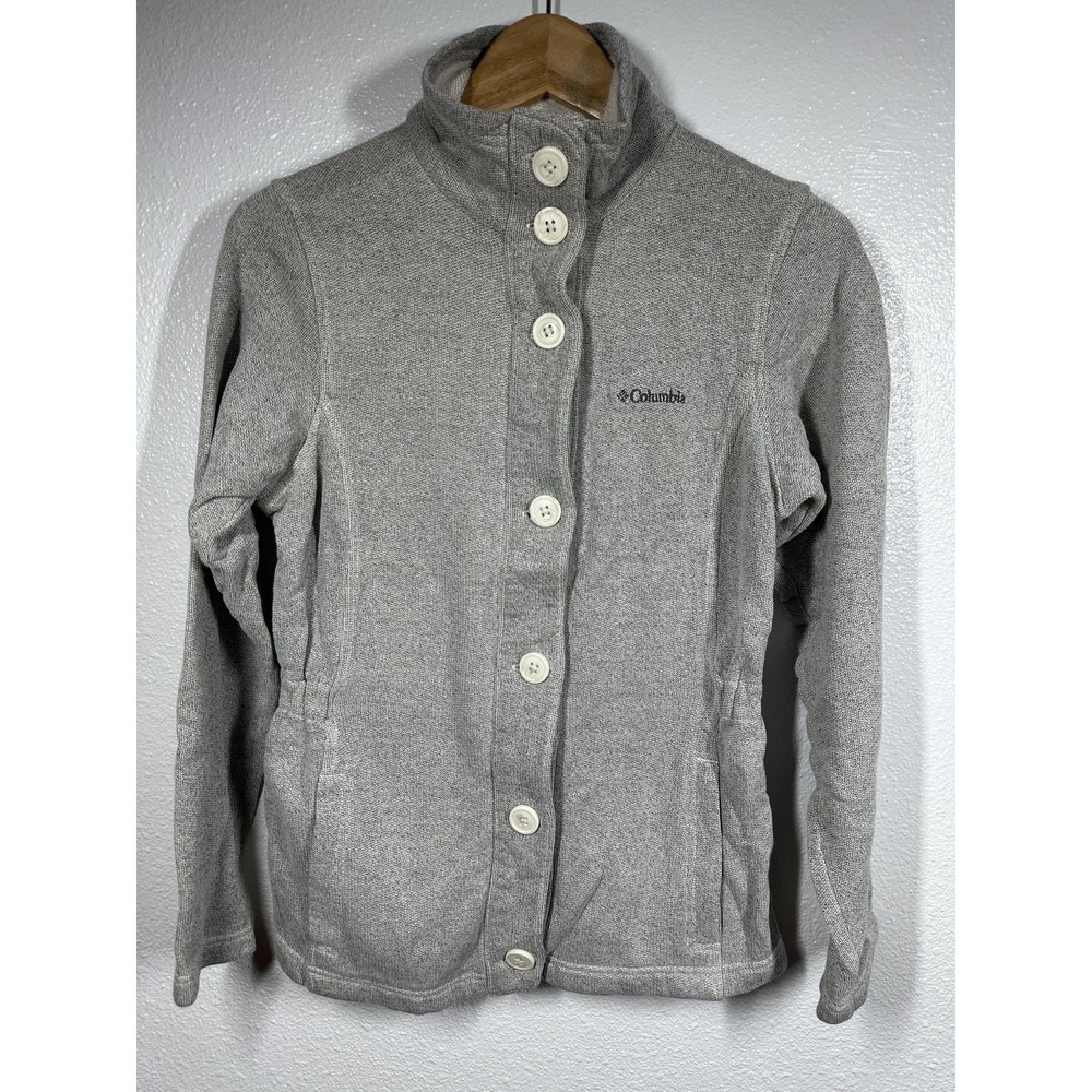 Columbia Jacket Womens Small Gray Button Front Knit Fleece Stand Collar Outdoors